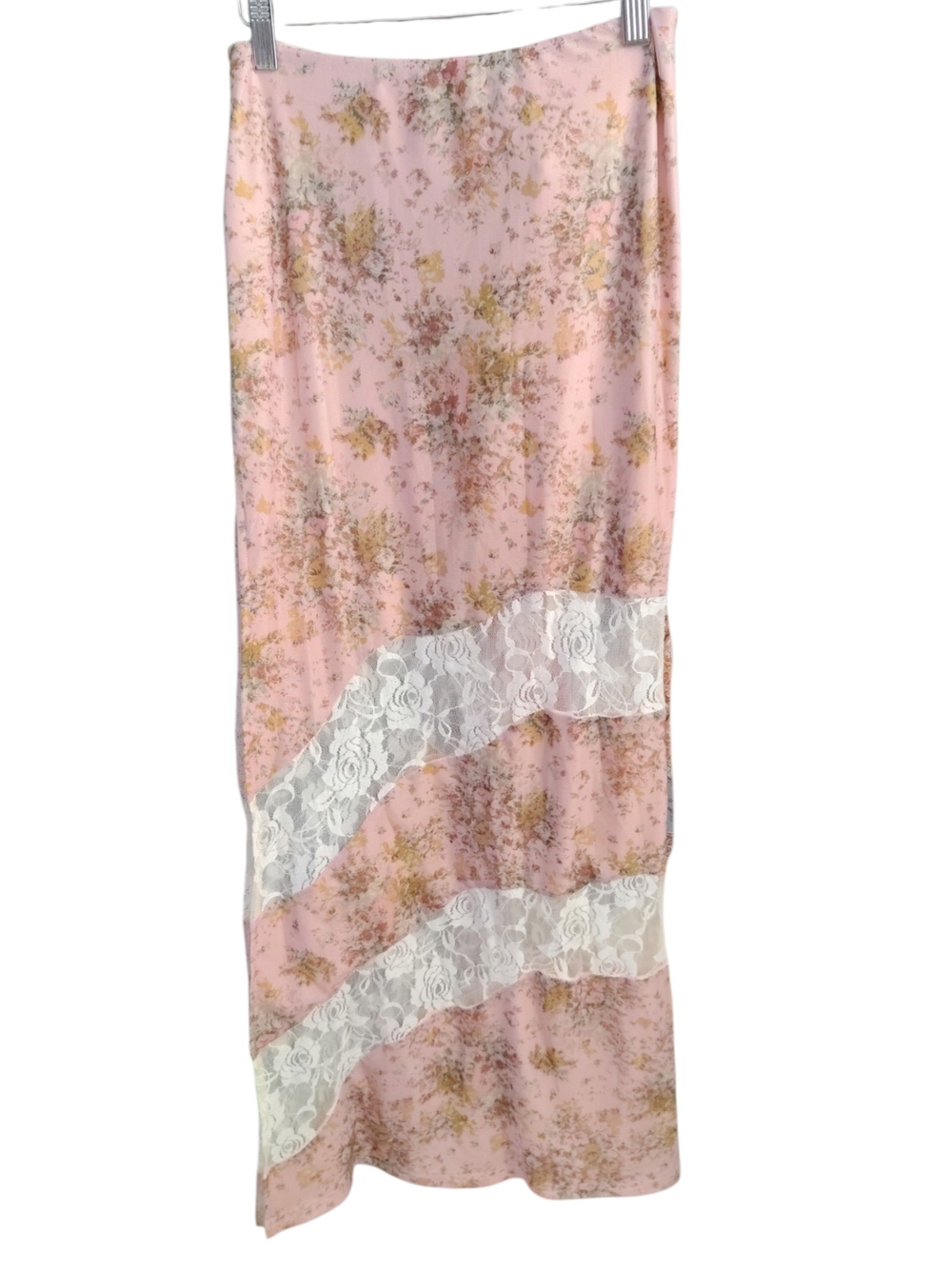 Tiger Mist Pink Floral Maxi Skirt with White Lace Panels